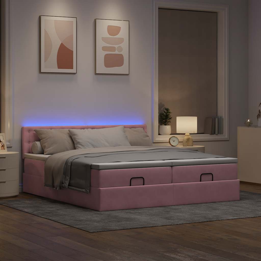 Cadre de lit ottoman avec matelas rose 180x200 cm velours - XIOS