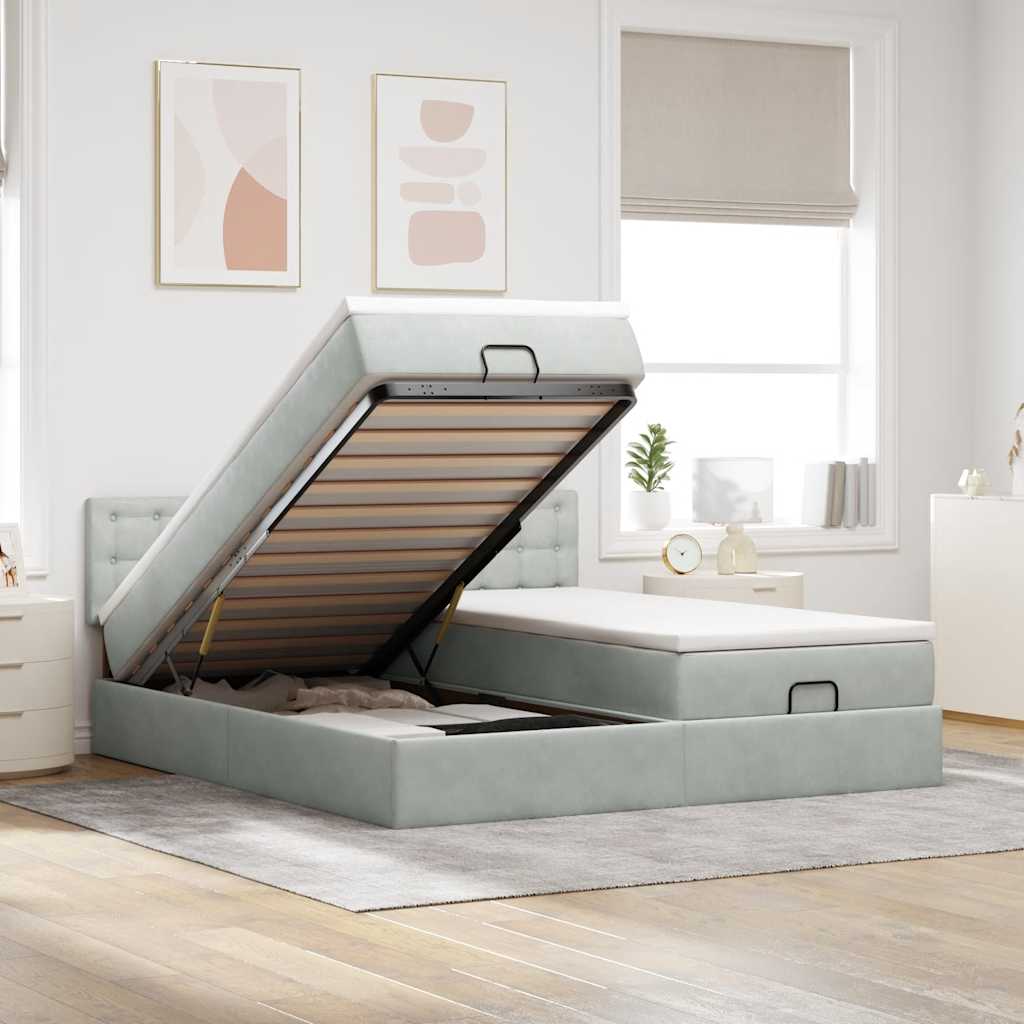 Cadre de lit ottoman avec matelas gris clair 200x200 cm velours - XIOS