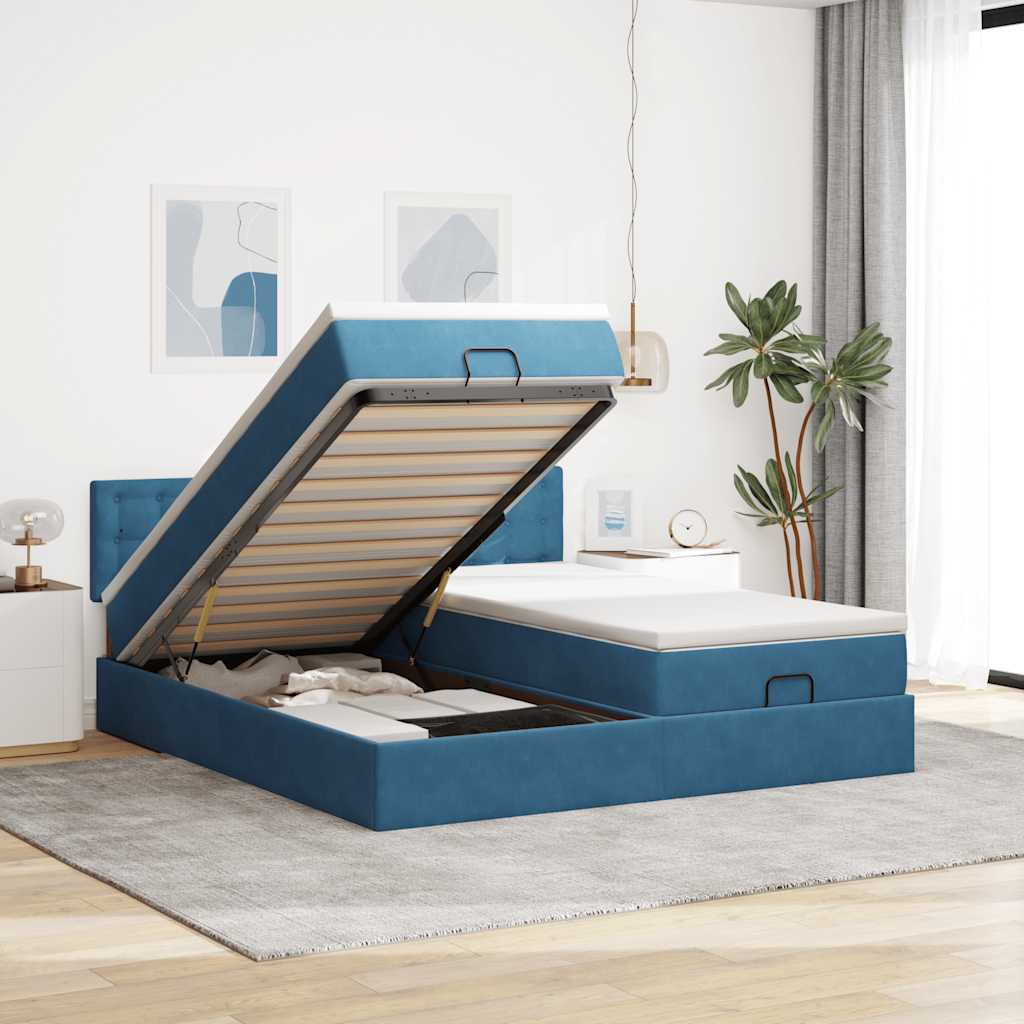 Cadre de lit ottoman avec matelas bleu foncé 200x200 cm velours - XIOS