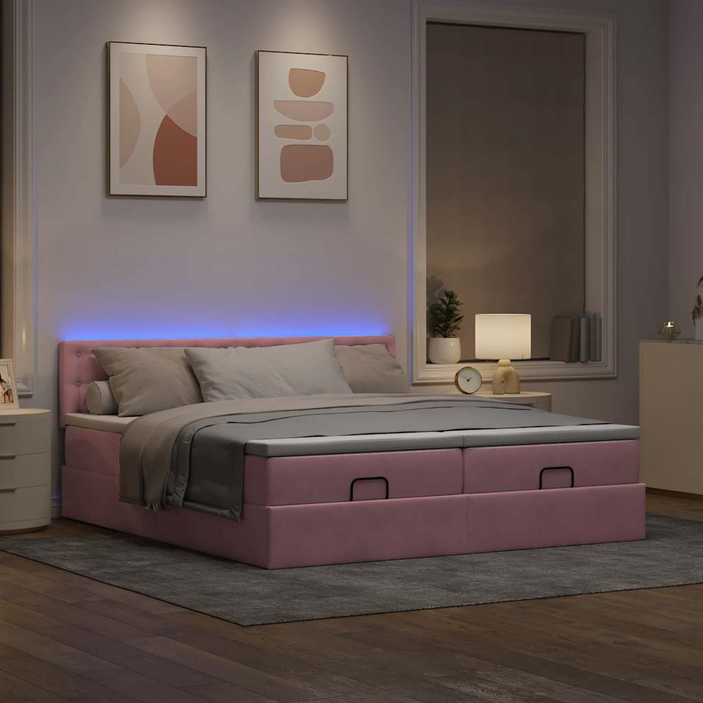 Cadre de lit ottoman avec matelas rose 200x200 cm velours - XIOS