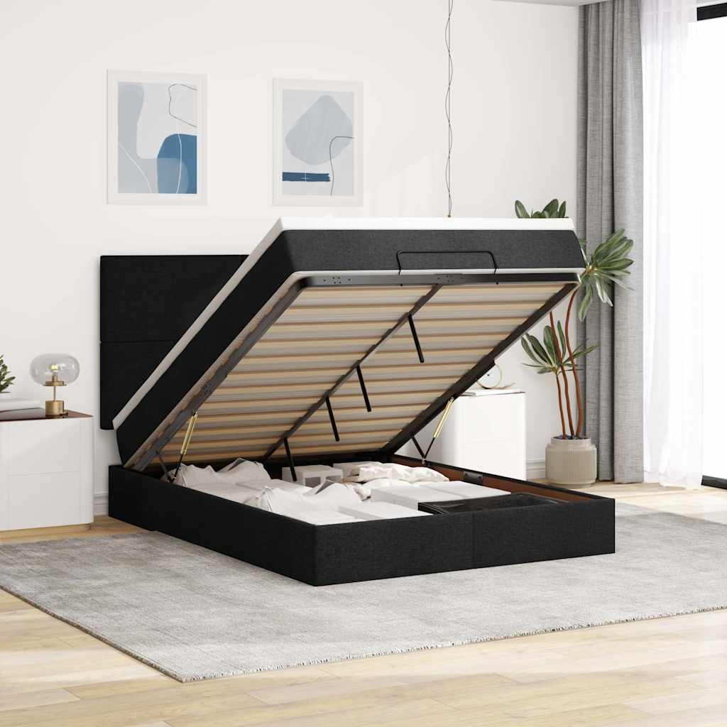 Cadre de lit ottoman avec matelas noir 140x200 cm tissu - XIOS