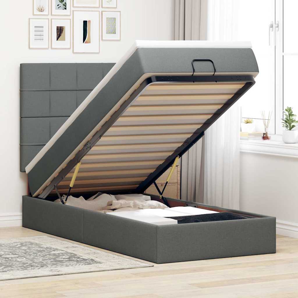 Cadre de lit ottoman avec matelas gris foncé 90x190 cm tissu - XIOS