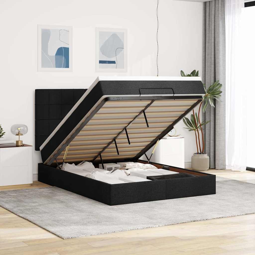 Cadre de lit ottoman avec matelas noir 140x200 cm tissu - XIOS