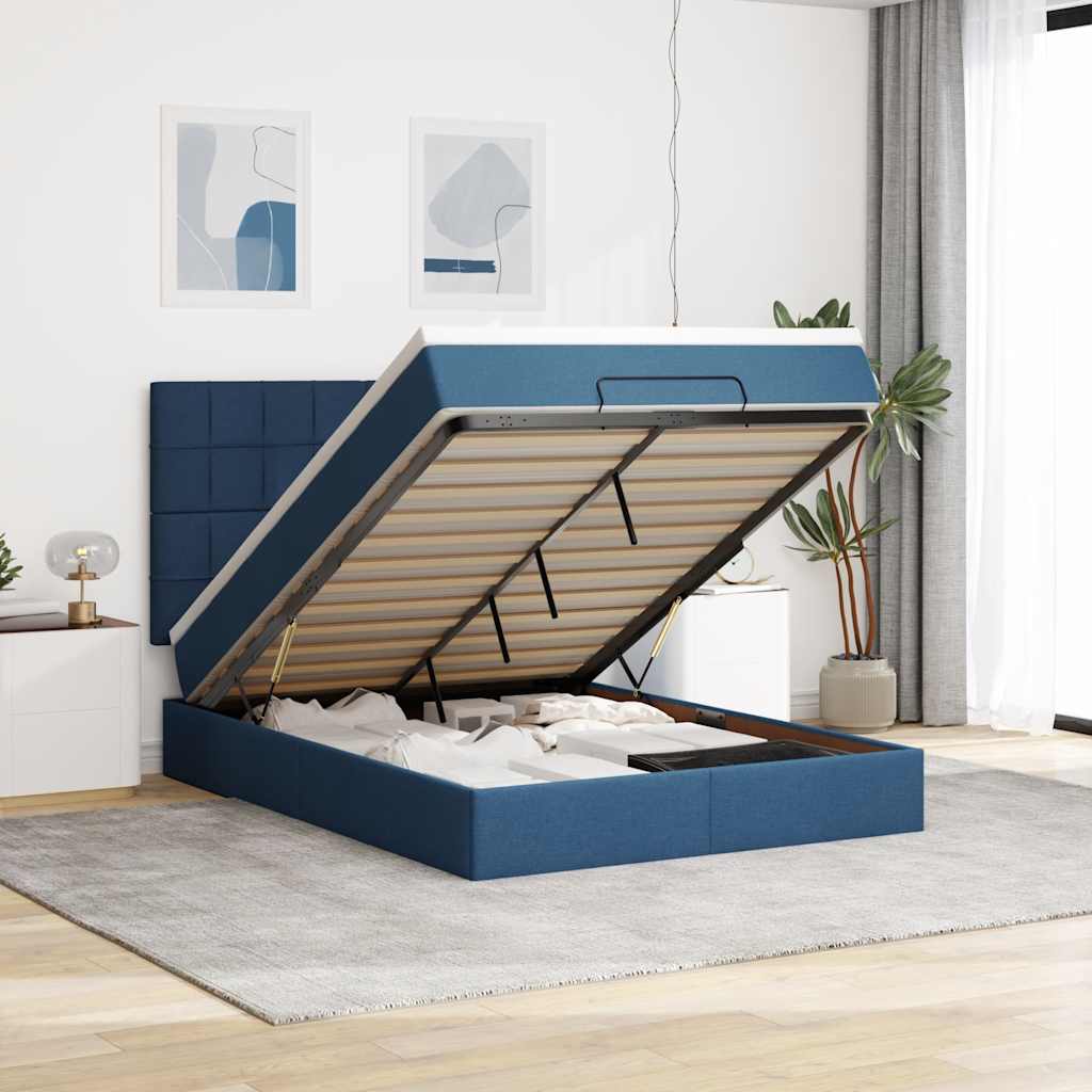 Cadre de lit ottoman avec matelas bleu 140x200 cm tissu - XIOS