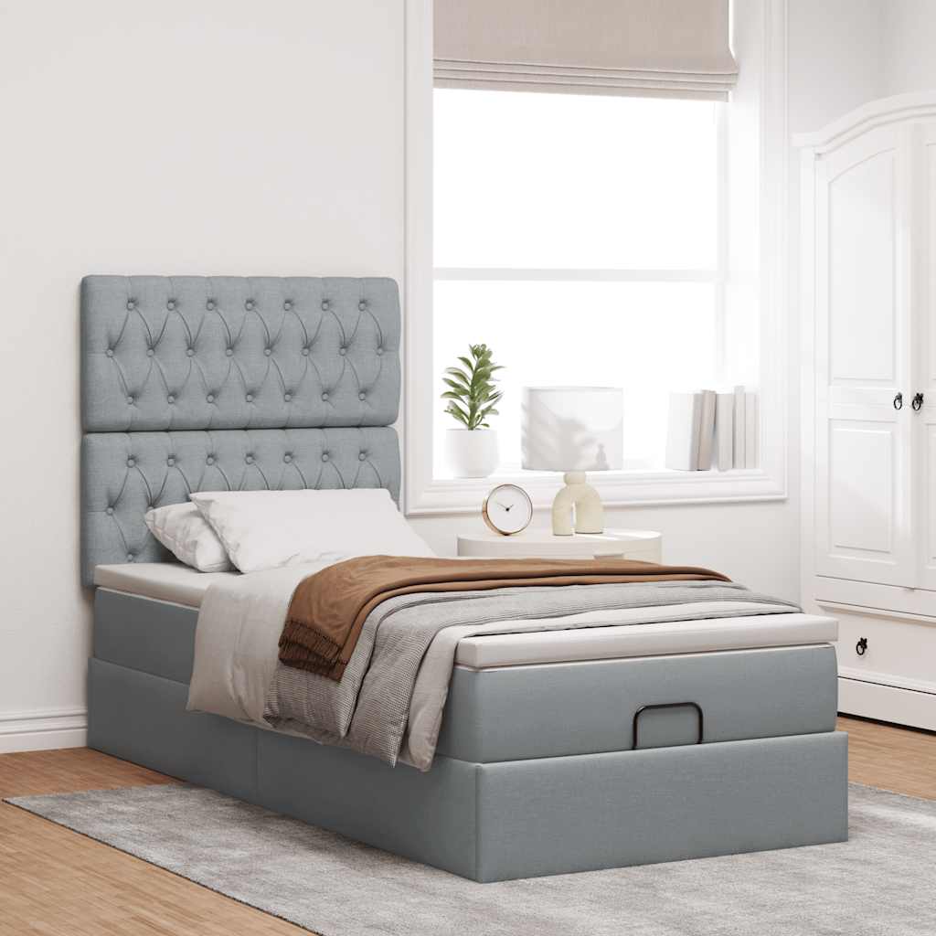 Cadre de lit ottoman et matelas gris clair 90x190 cm tissu - XIOS