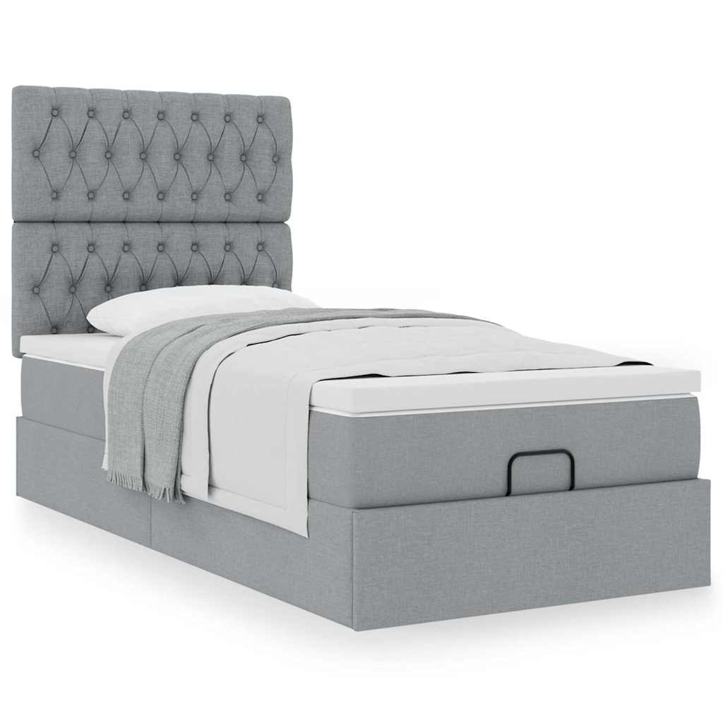 Cadre de lit ottoman et matelas gris clair 90x190 cm tissu - XIOS