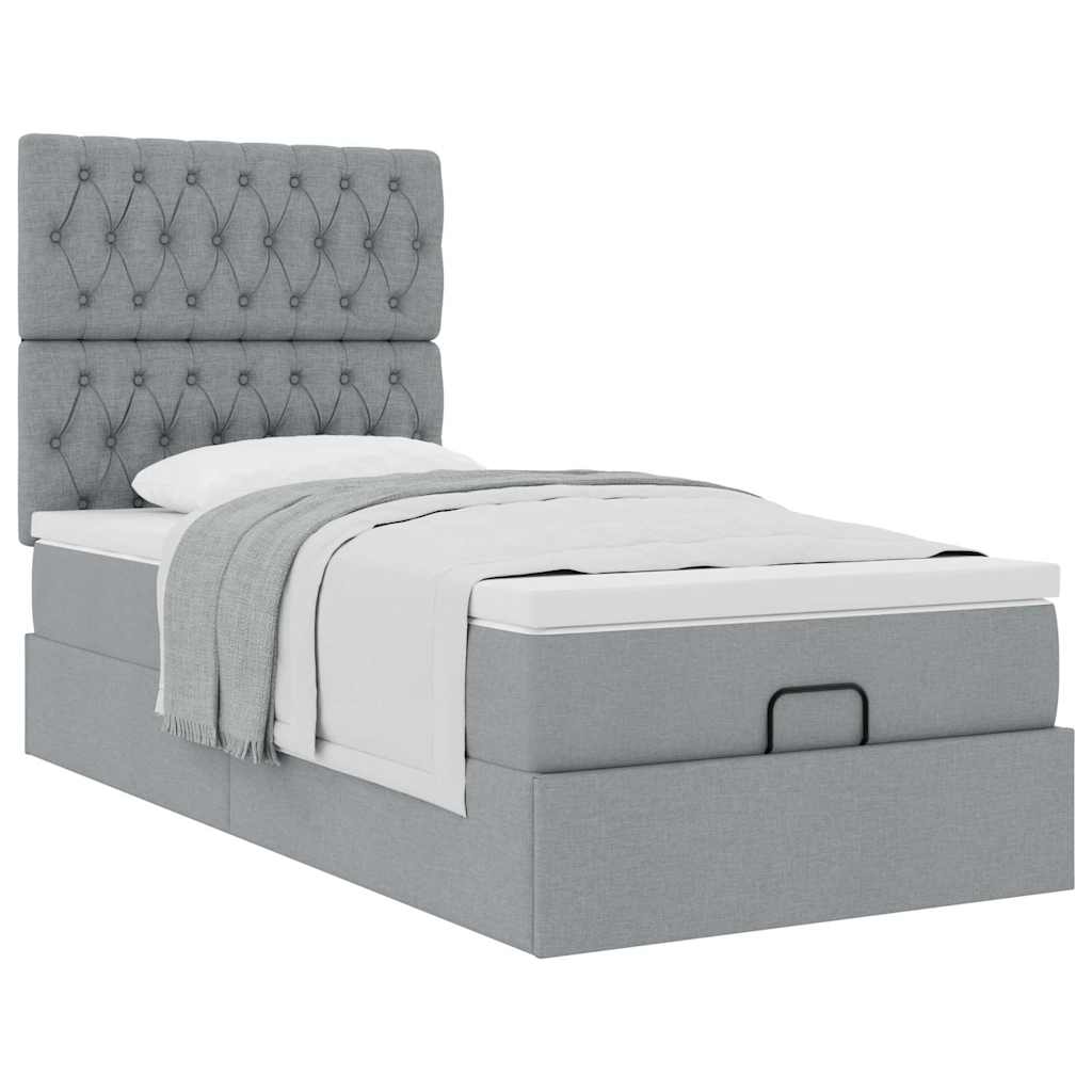 Cadre de lit ottoman et matelas gris clair 90x190 cm tissu - XIOS