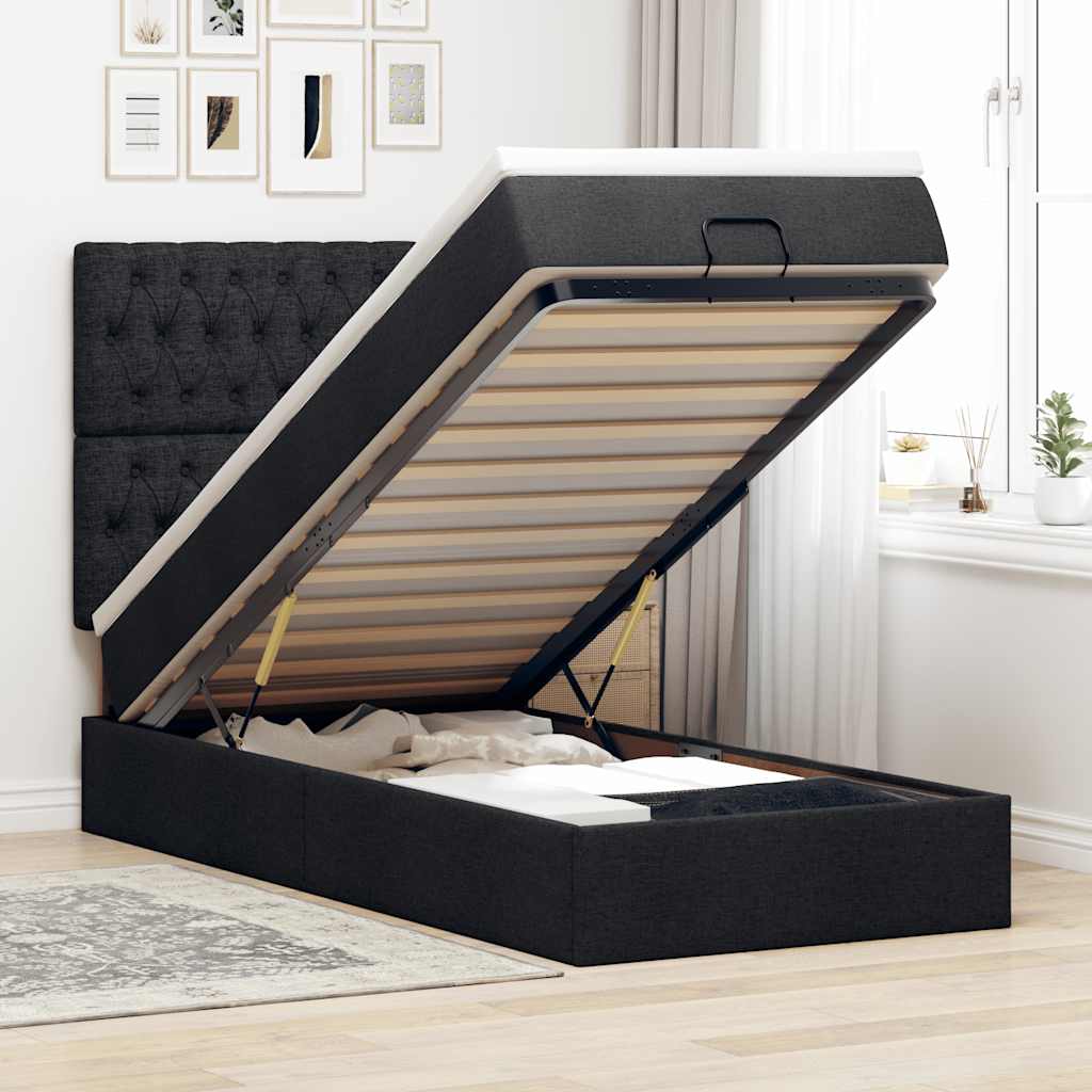 Lit ottoman avec matelas noir 90x200 cm tissu - XIOS