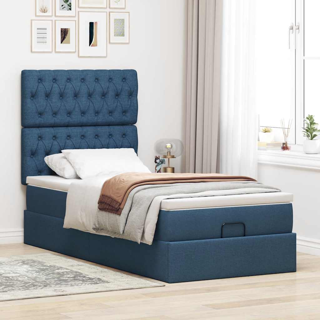 Lit ottoman avec matelas bleu 90x200 cm tissu - XIOS