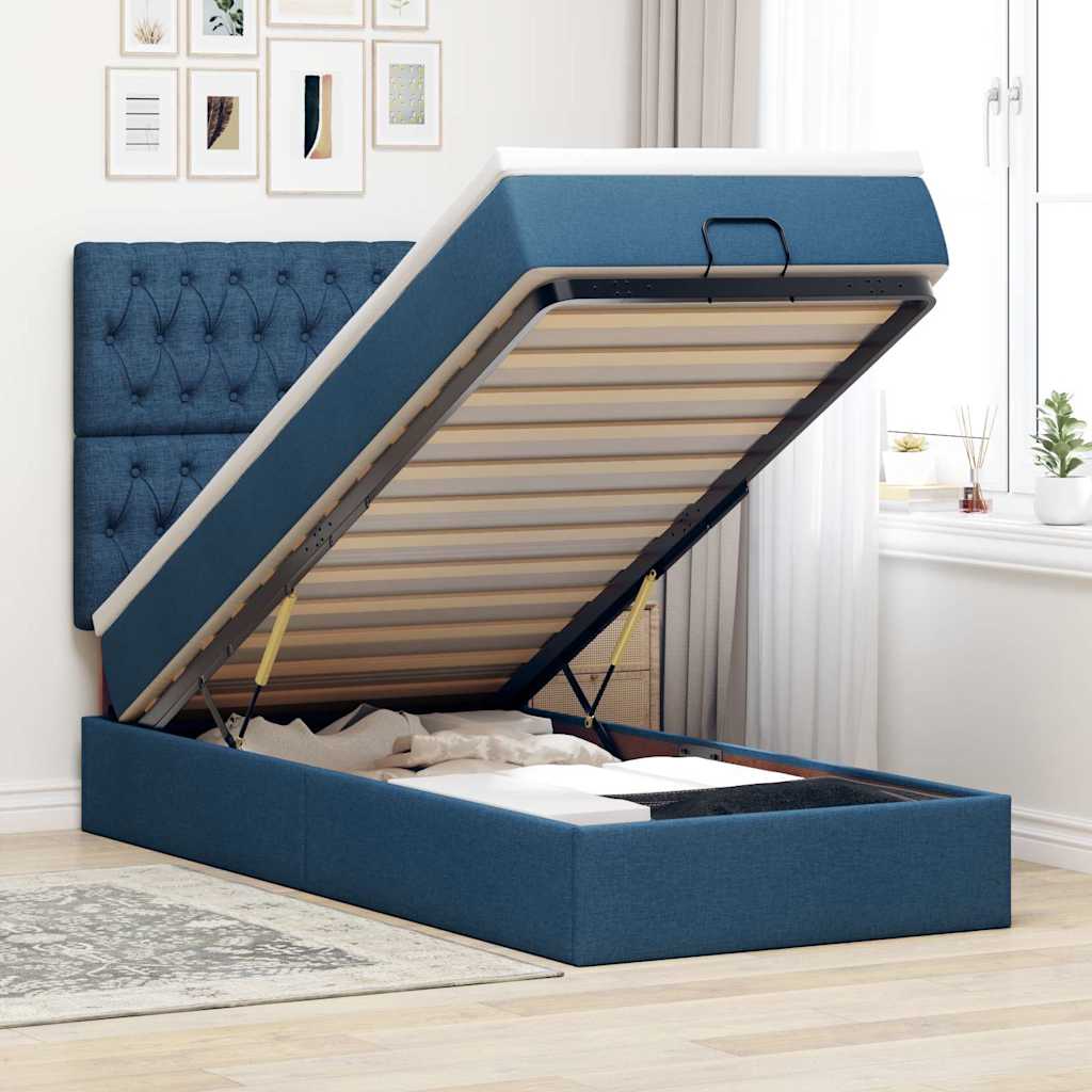 Lit ottoman avec matelas bleu 100x200 cm tissu - XIOS