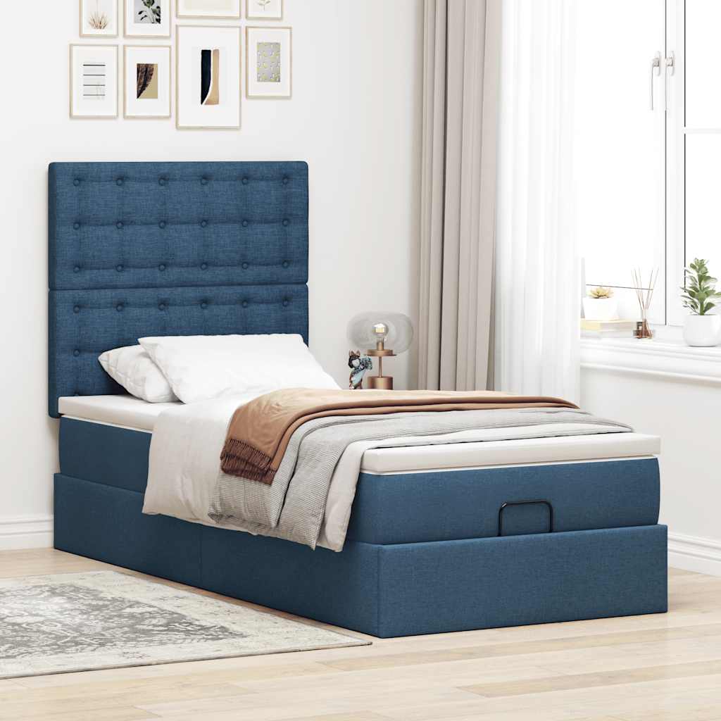 Cadre de lit ottoman avec matelas bleu 90x190 cm tissu - XIOS