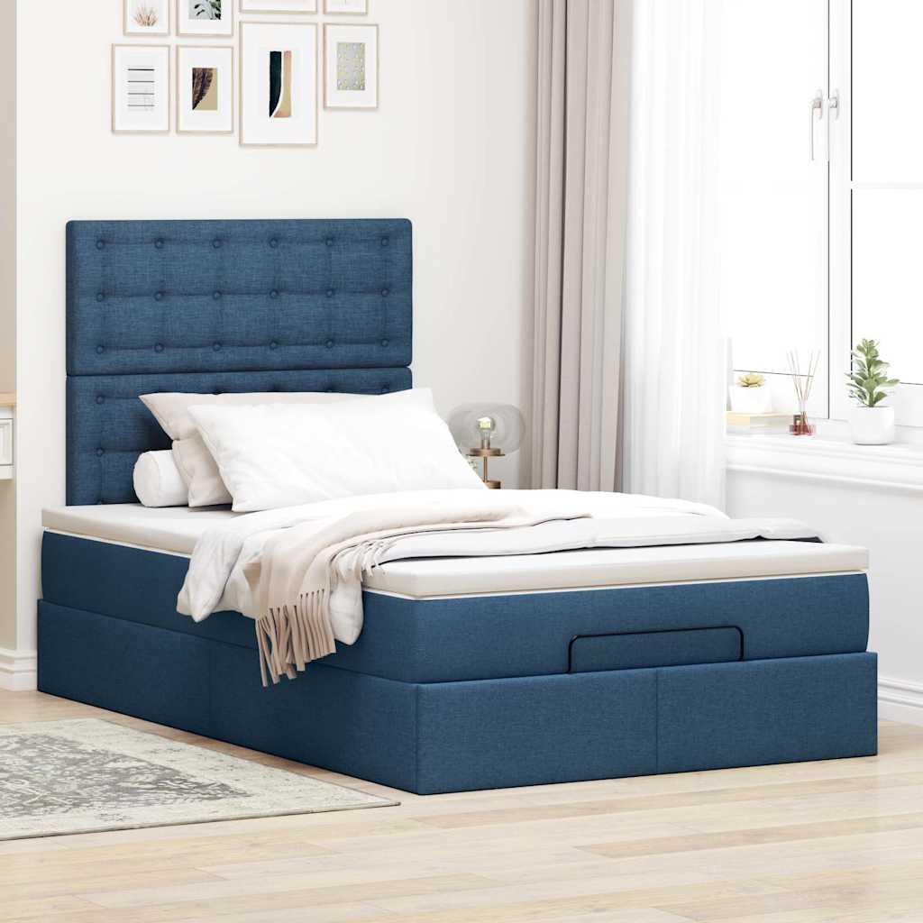 Cadre de lit ottoman avec matelas bleu 120x190 cm tissu - XIOS
