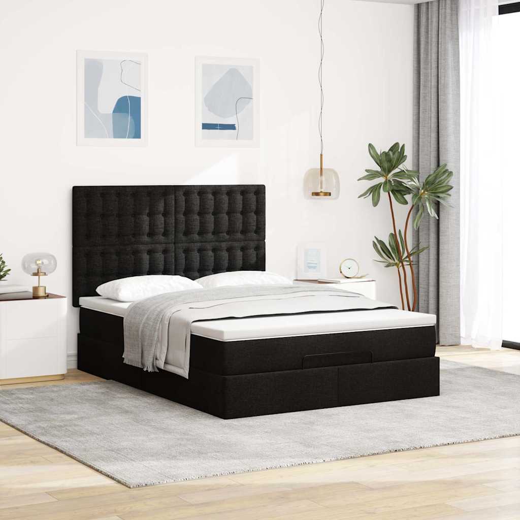 Cadre de lit ottoman avec matelas noir 140x190 cm tissu - XIOS