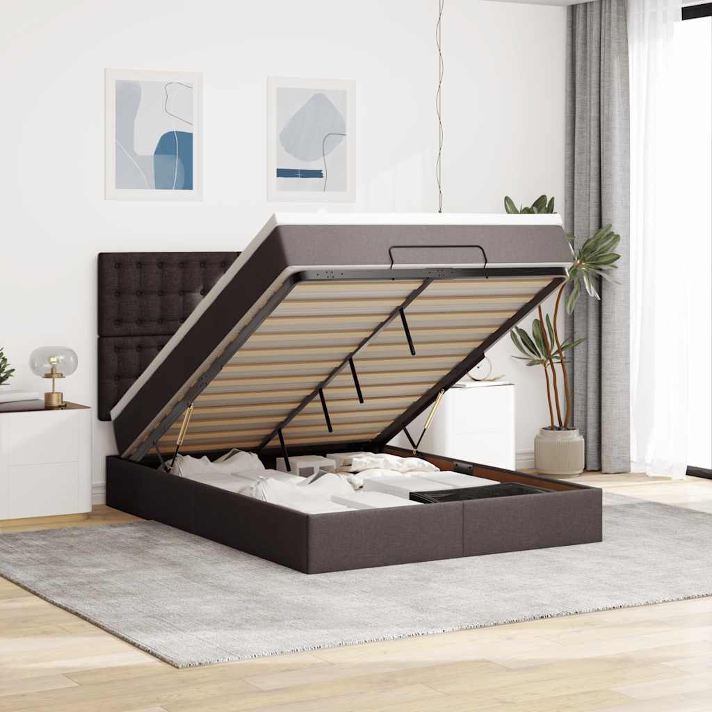 Cadre de lit ottoman avec matelas marron foncé 140x190 cm tissu - XIOS