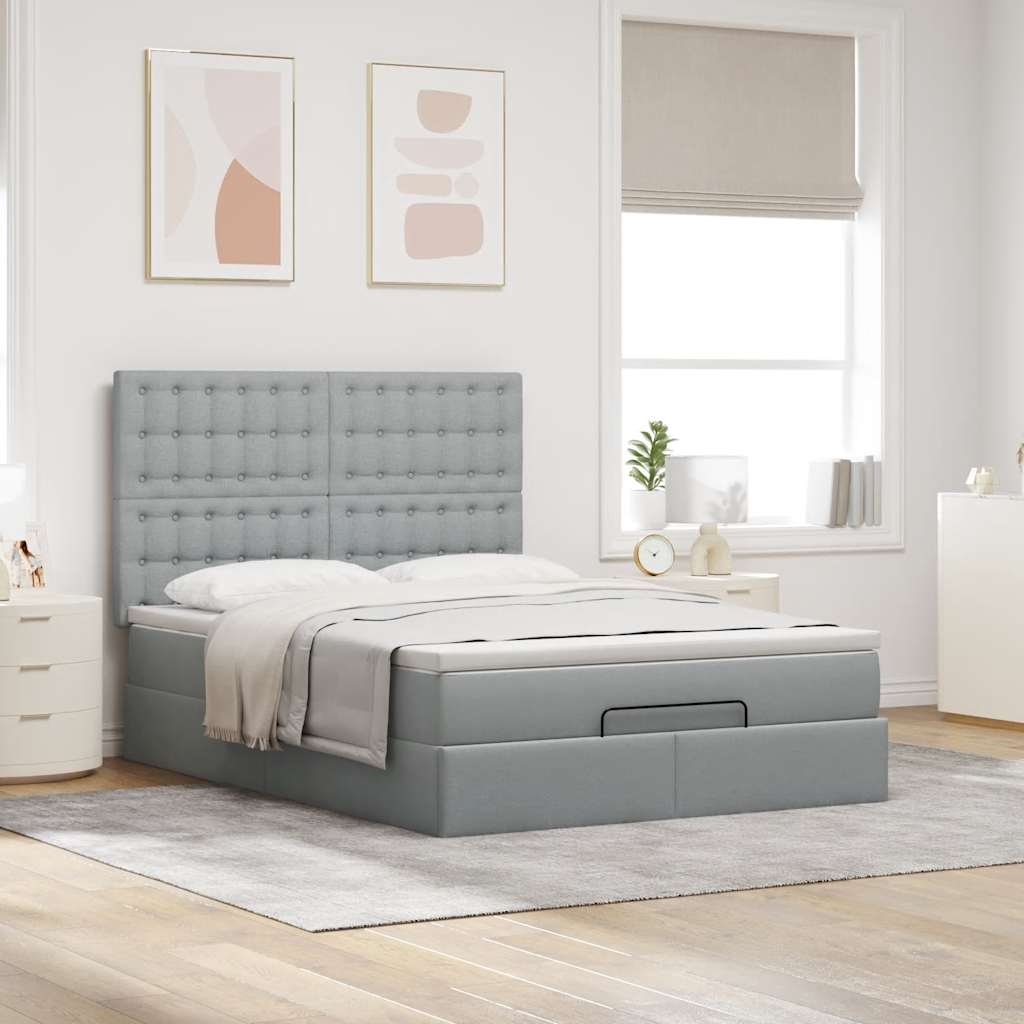 Cadre de lit ottoman et matelas gris clair 140x200 cm tissu - XIOS