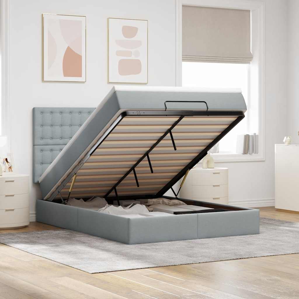 Cadre de lit ottoman et matelas gris clair 140x200 cm tissu - XIOS