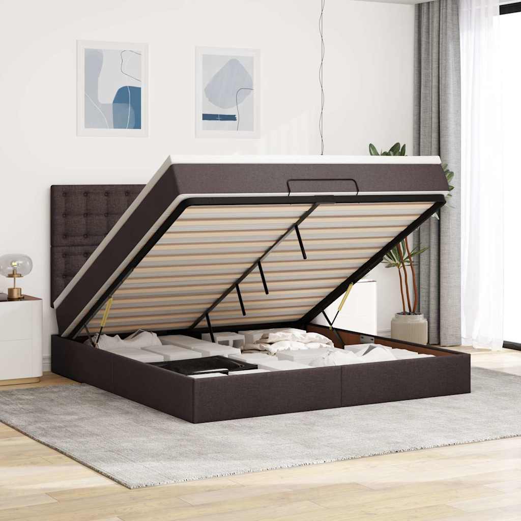 Cadre de lit ottoman avec matelas marron foncé 180x200 cm tissu