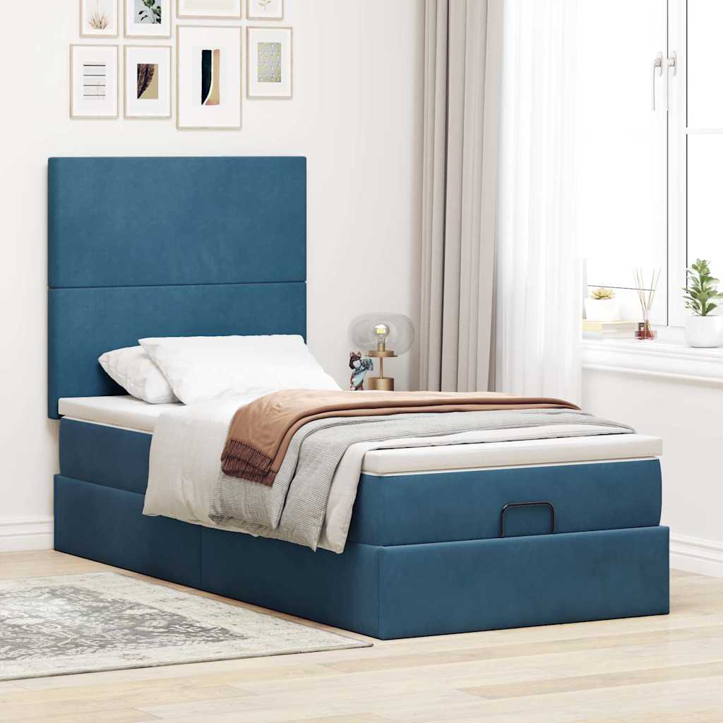 Cadre de lit ottoman avec matelas bleu foncé 90x190 cm velours - XIOS