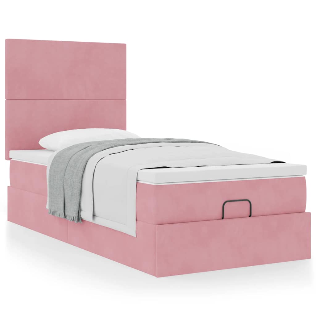 Cadre de lit ottoman avec matelas rose 90x190 cm velours - XIOS
