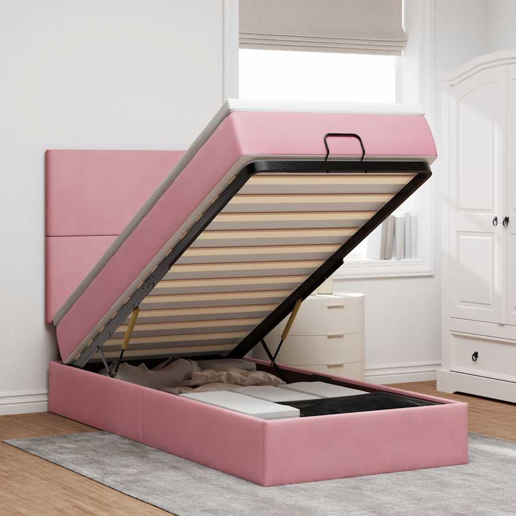 Cadre de lit ottoman avec matelas rose 90x190 cm velours - XIOS