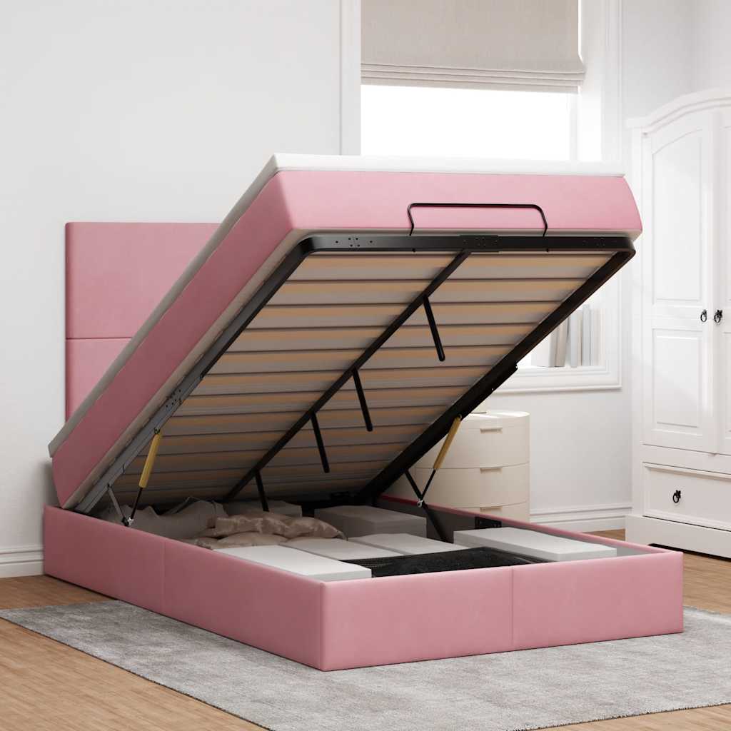 Cadre de lit ottoman avec matelas rose 120x200 cm velours - XIOS