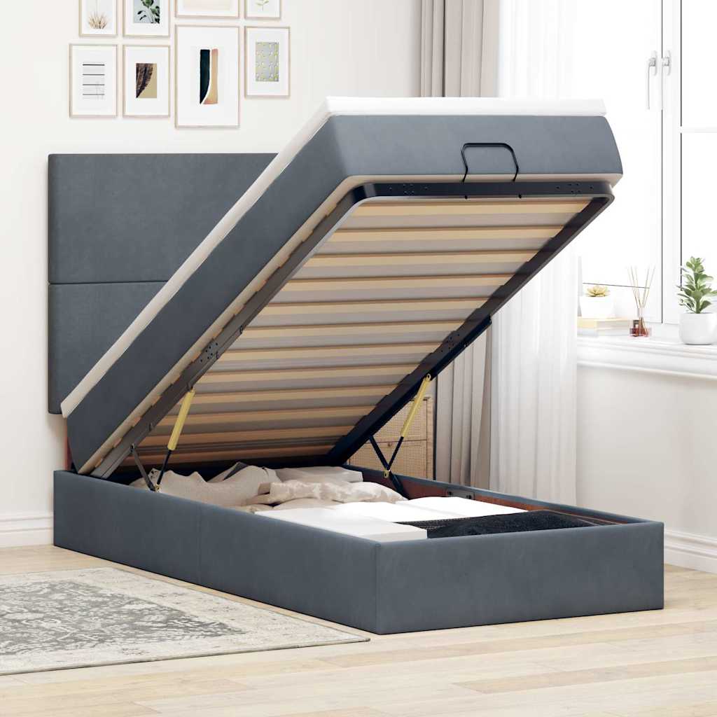 Cadre de lit ottoman avec matelas gris foncé 140x190 cm velours - XIOS