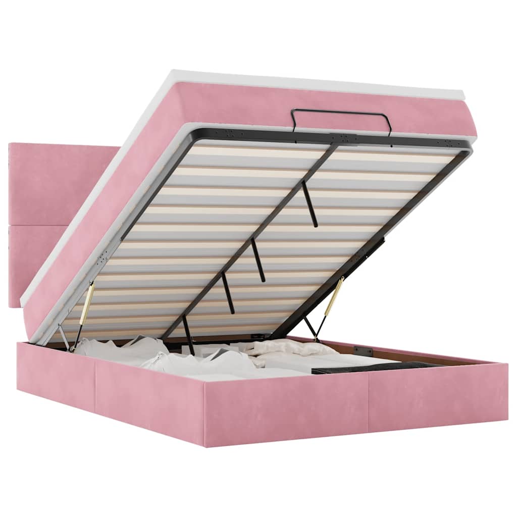 Cadre de lit ottoman avec matelas rose 140x190 cm velours - XIOS