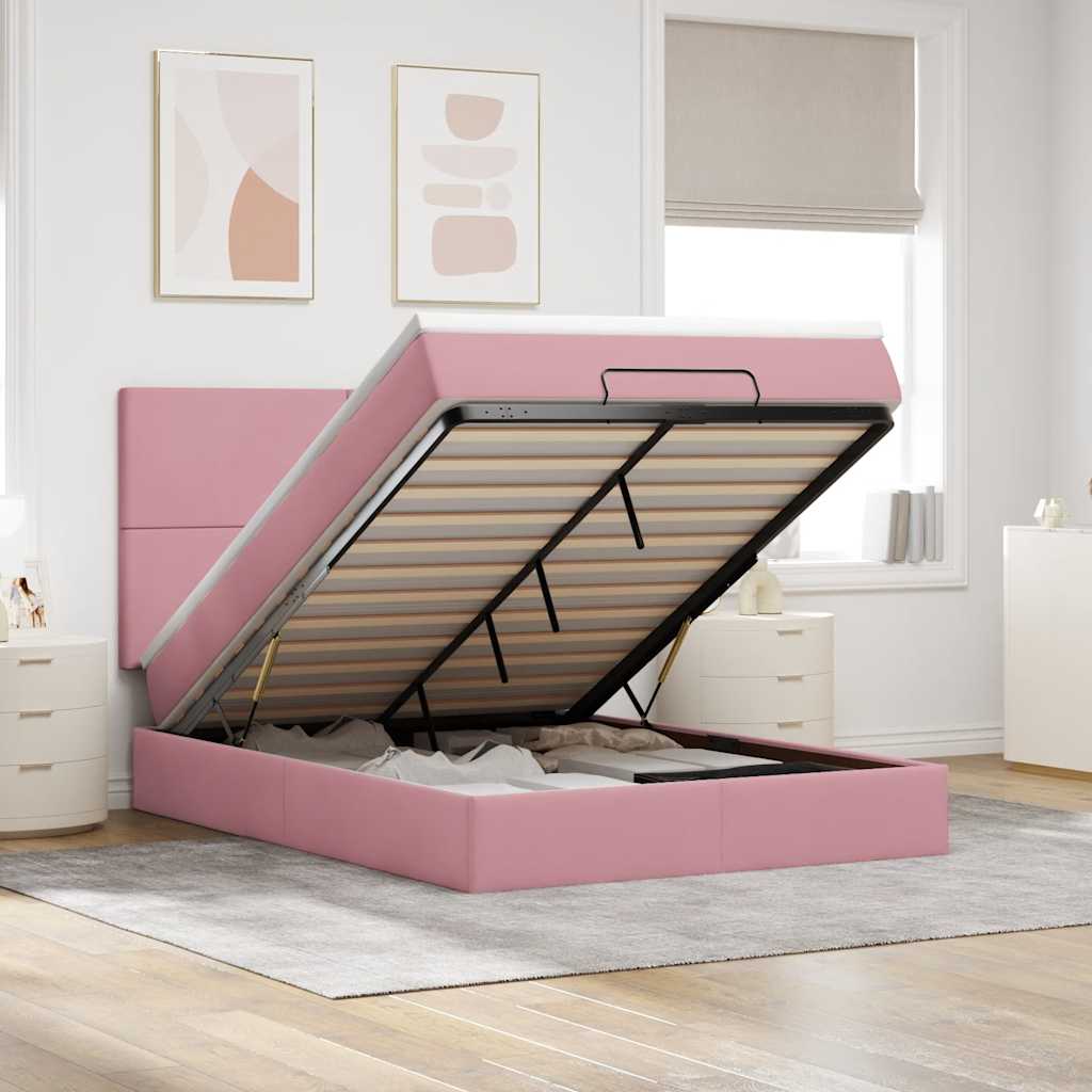 Cadre de lit ottoman avec matelas rose 140x190 cm velours - XIOS