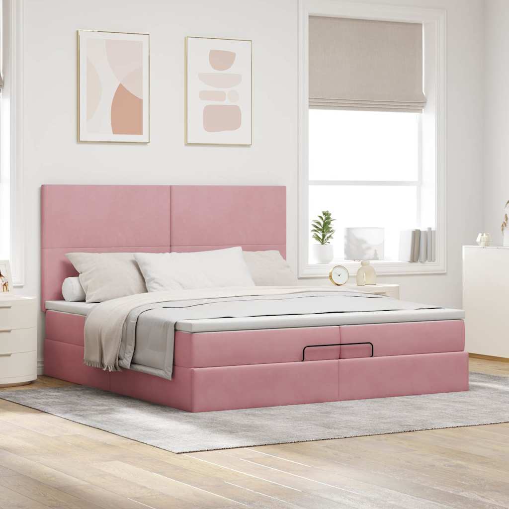 Cadre de lit ottoman avec matelas rose 200x200 cm velours - XIOS