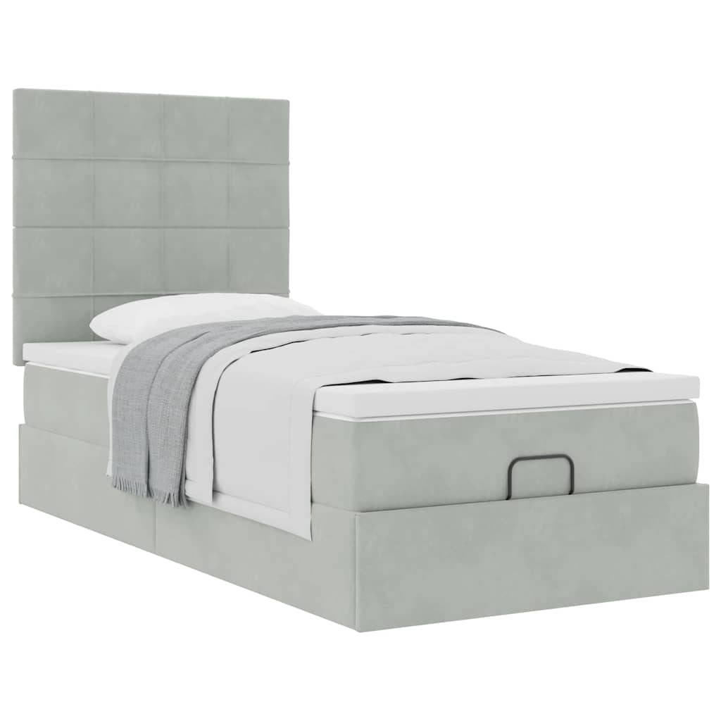 Cadre de lit ottoman et matelas gris clair 90x190 cm velours - XIOS