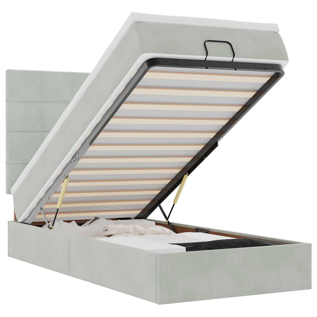 Cadre de lit ottoman et matelas gris clair 90x200 cm velours