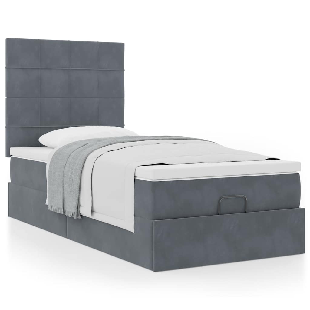 Cadre de lit ottoman et matelas gris foncé 90x200 cm velours - XIOS