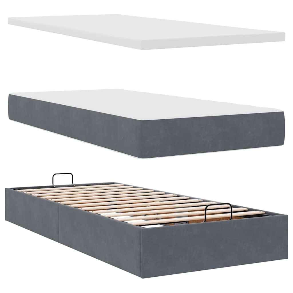 Cadre de lit ottoman et matelas gris foncé 90x200 cm velours - XIOS