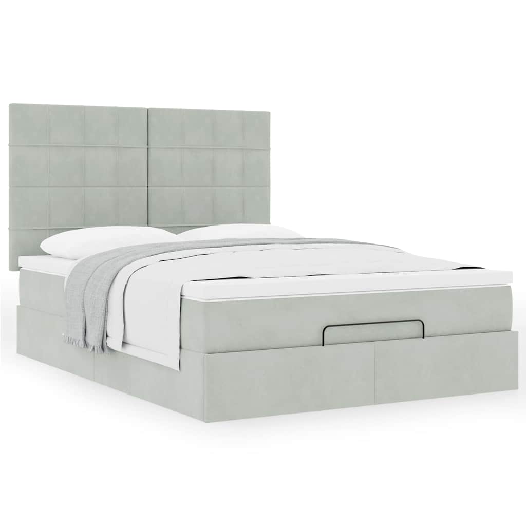Cadre de lit ottoman et matelas gris clair 140x190 velours - XIOS