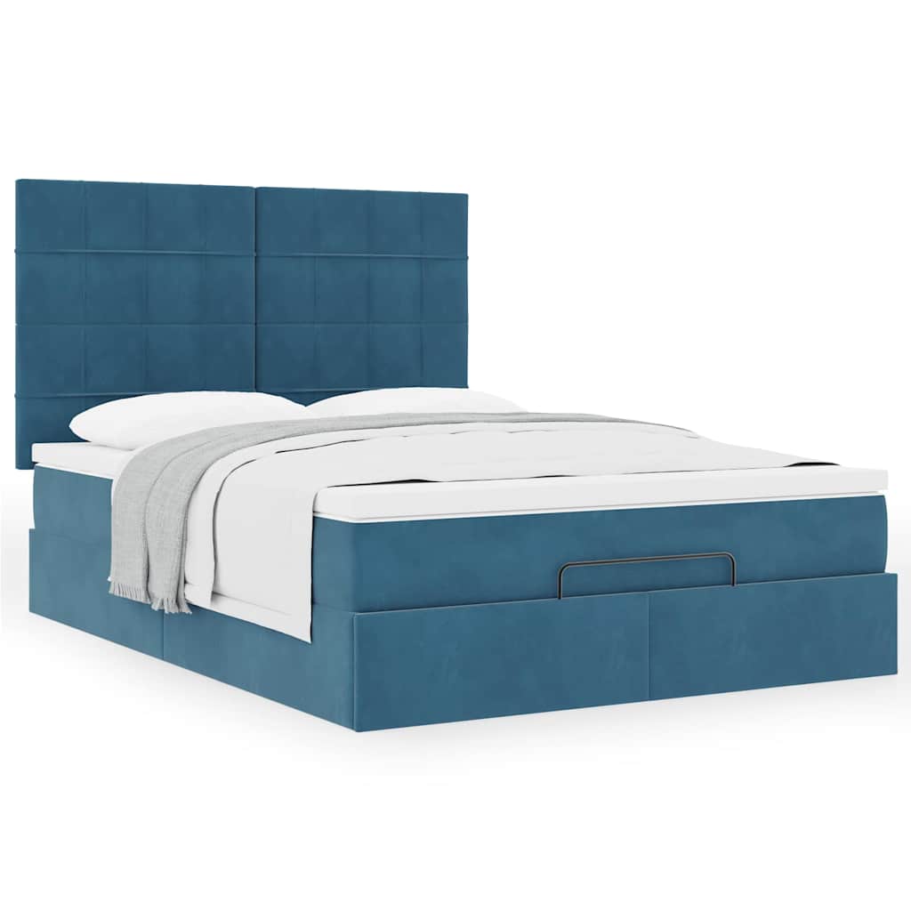 Cadre de lit ottoman avec matelas bleu foncé 140x190 cm velours - XIOS