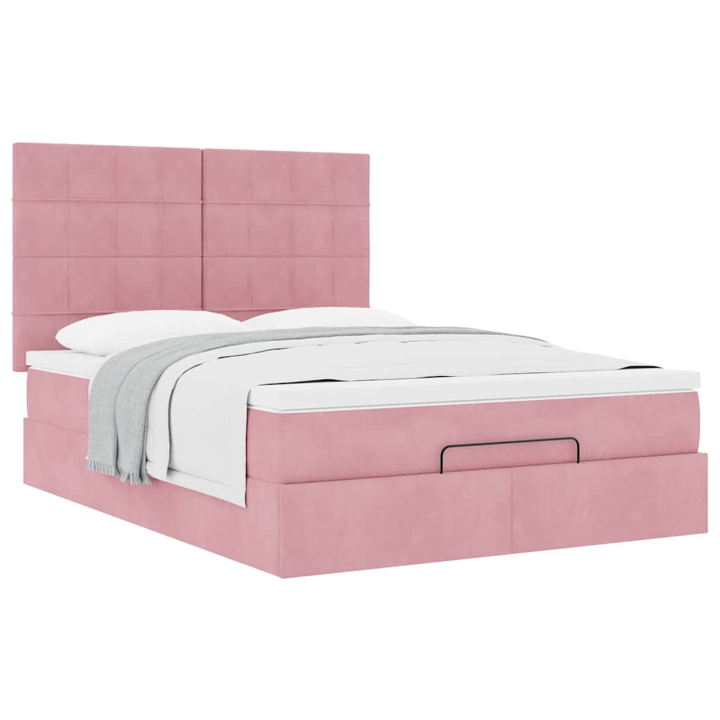 Cadre de lit ottoman avec matelas rose 140x190 cm velours - XIOS