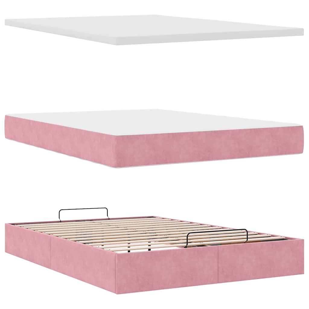 Cadre de lit ottoman avec matelas rose 140x190 cm velours - XIOS