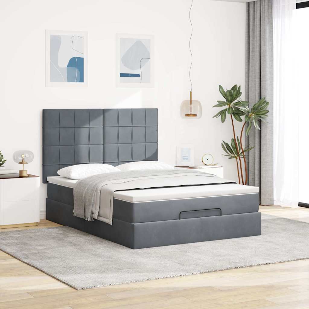 Cadre de lit ottoman avec matelas gris foncé 140x200 cm velours - XIOS