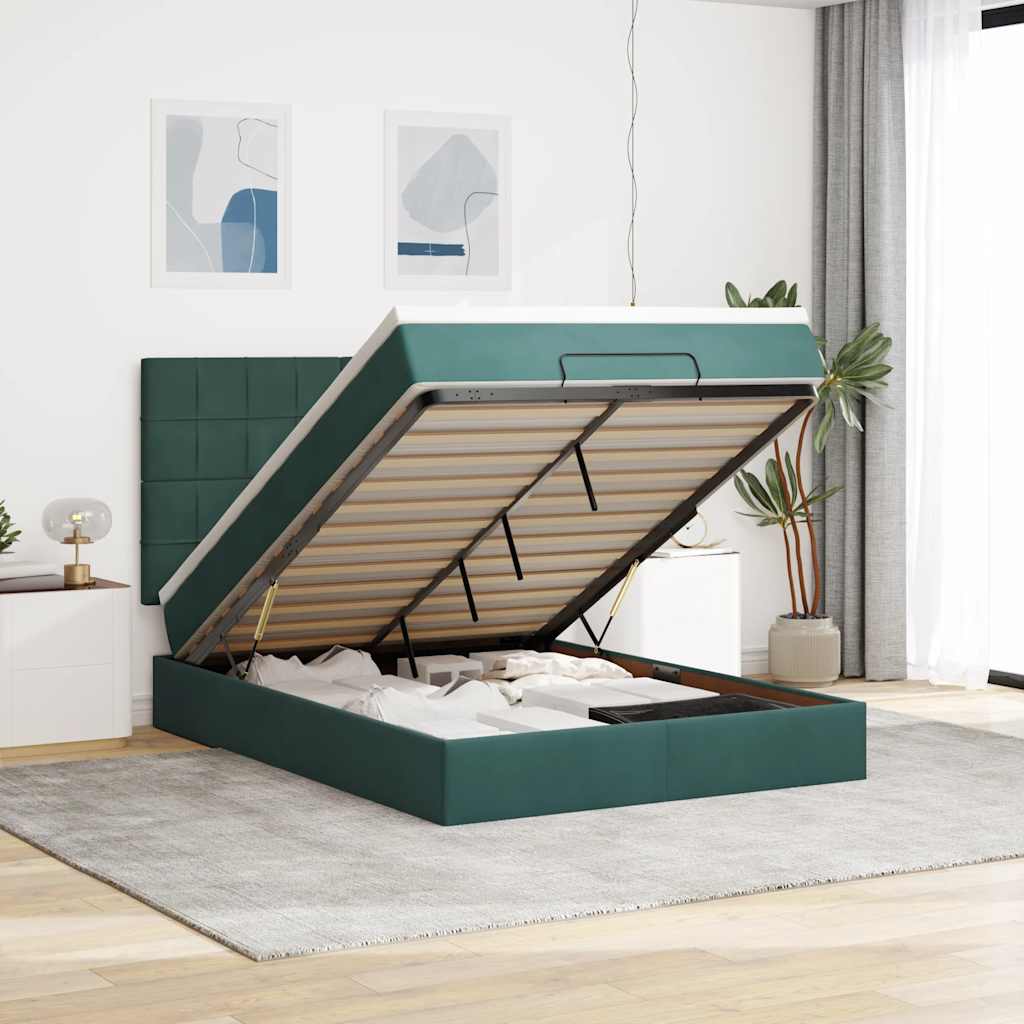 Cadre de lit ottoman avec matelas vert foncé 140x200 cm velours - XIOS