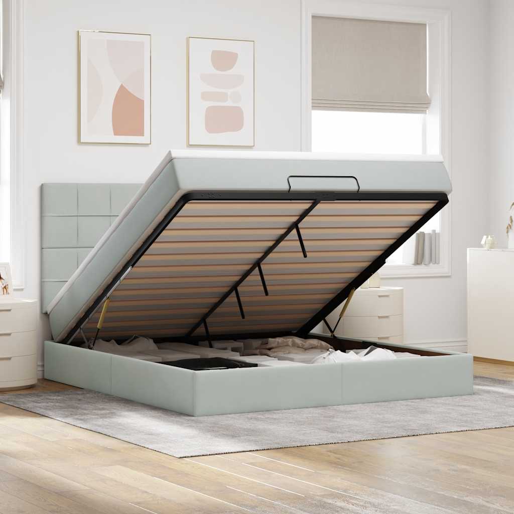 Cadre de lit ottoman et matelas gris clair 160x200cm velours - XIOS