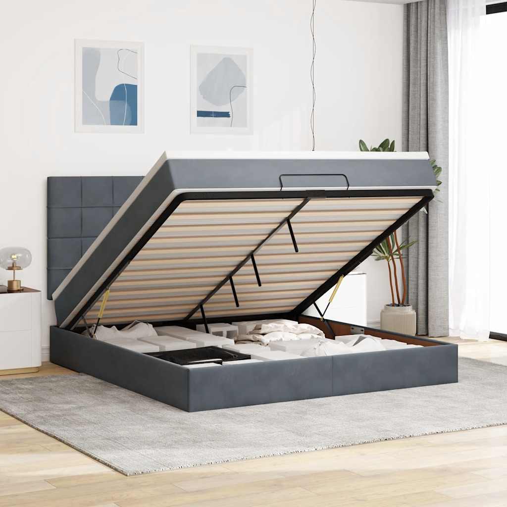 Cadre de lit ottoman avec matelas gris foncé 160x200cm velours - XIOS