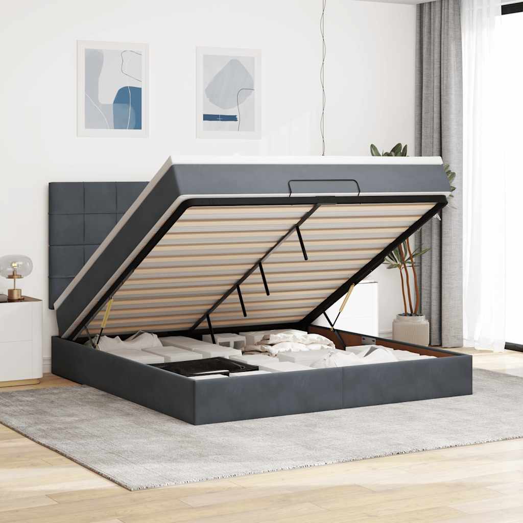 Cadre de lit ottoman avec matelas gris foncé 180x200cm velours - XIOS