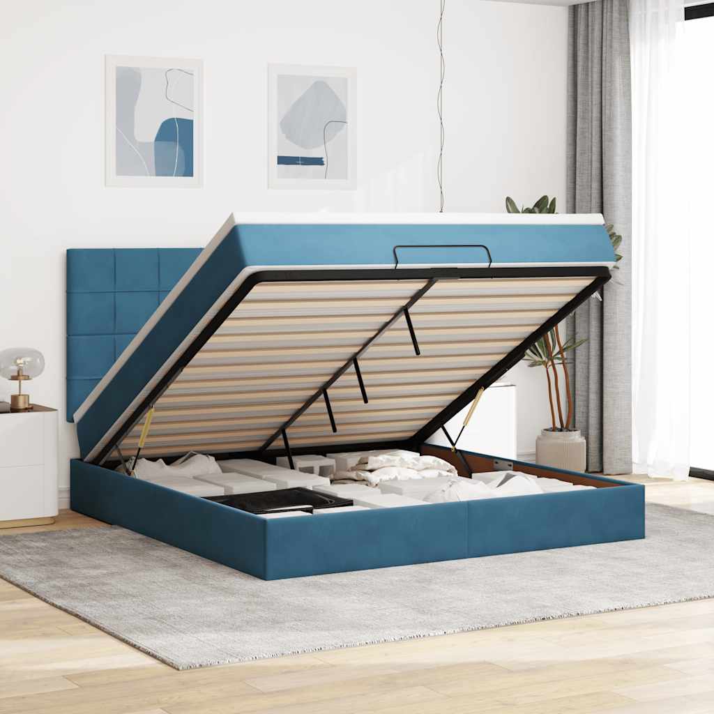 Cadre de lit ottoman avec matelas bleu foncé 180x200 cm velours - XIOS