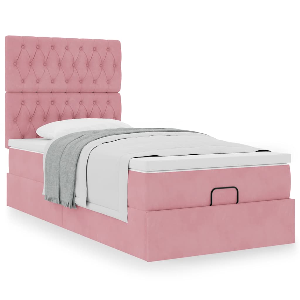 Cadre de lit ottoman avec matelas rose 80x200 cm velours - XIOS