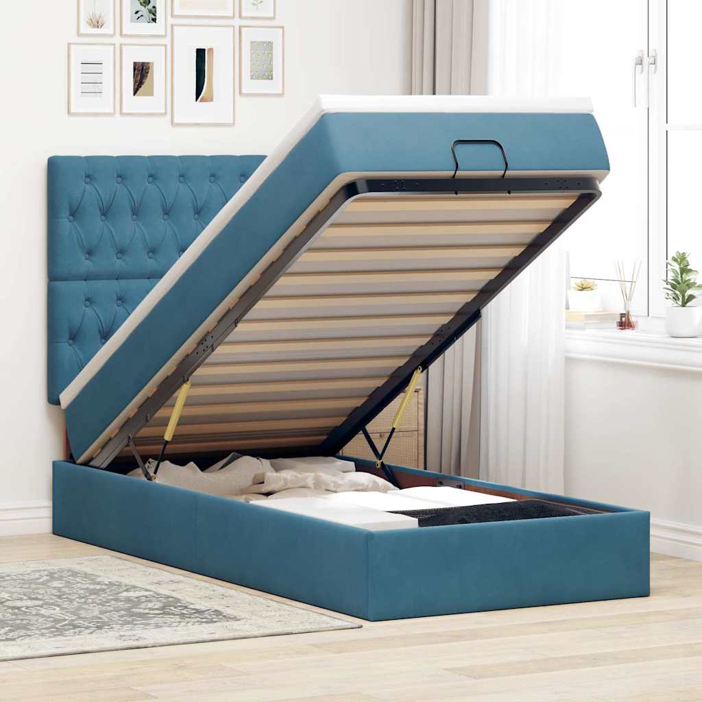 Cadre de lit ottoman avec matelas bleu foncé 90x190 cm velours - XIOS