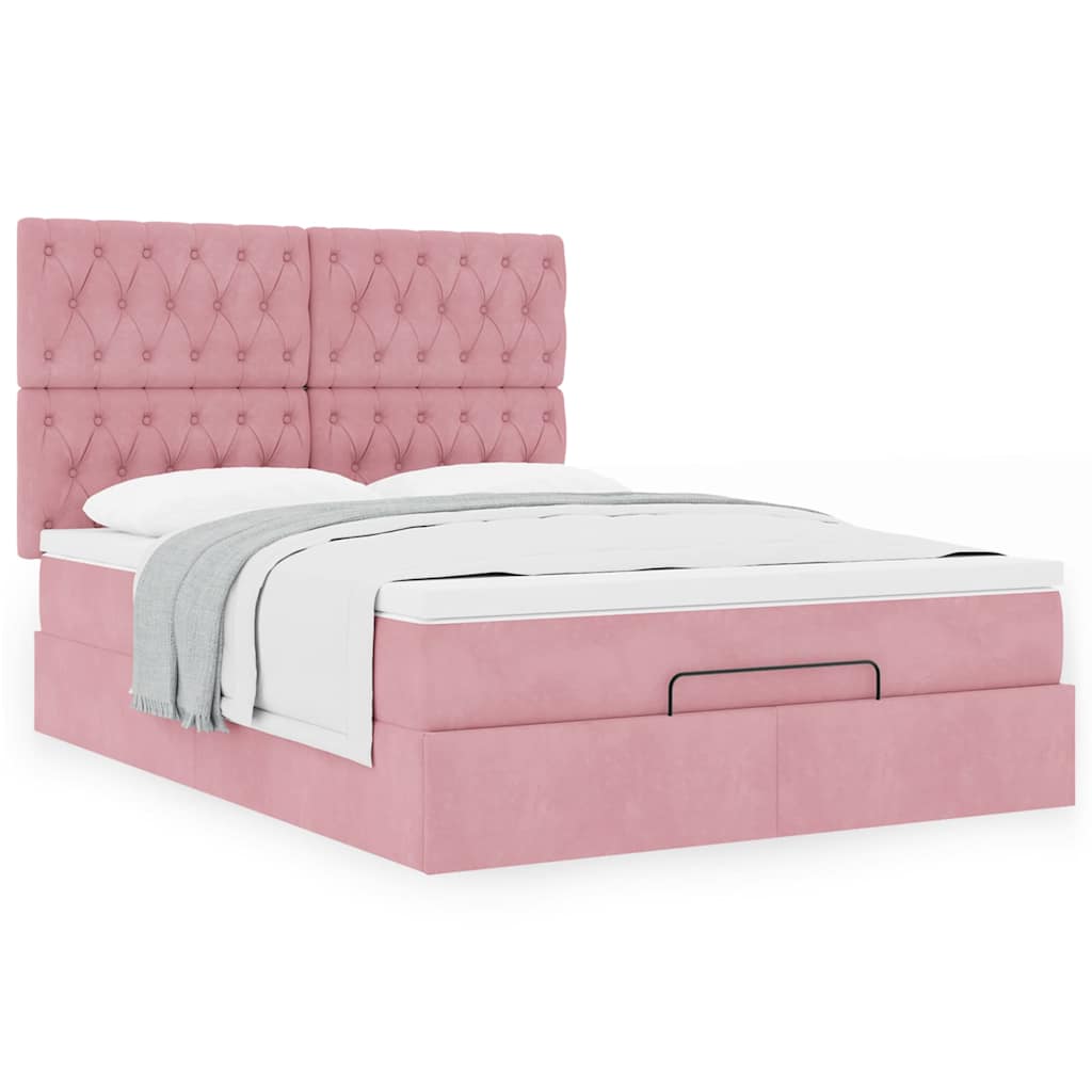Cadre de lit ottoman avec matelas rose 140x190 cm velours - XIOS