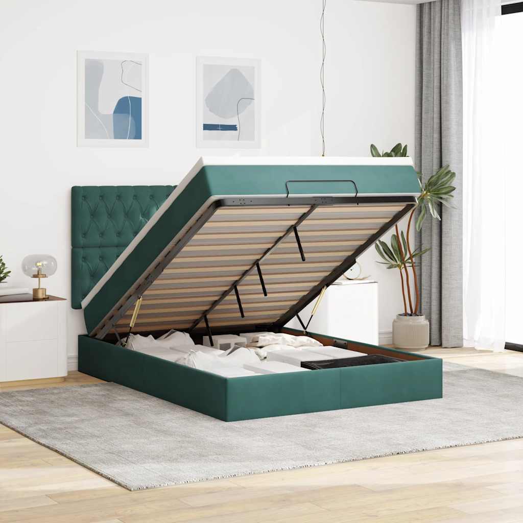 Cadre de lit ottoman avec matelas vert foncé 140x200 cm velours - XIOS