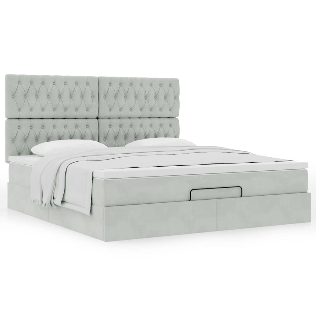 Cadre de lit ottoman et matelas gris clair 160x200cm velours - XIOS