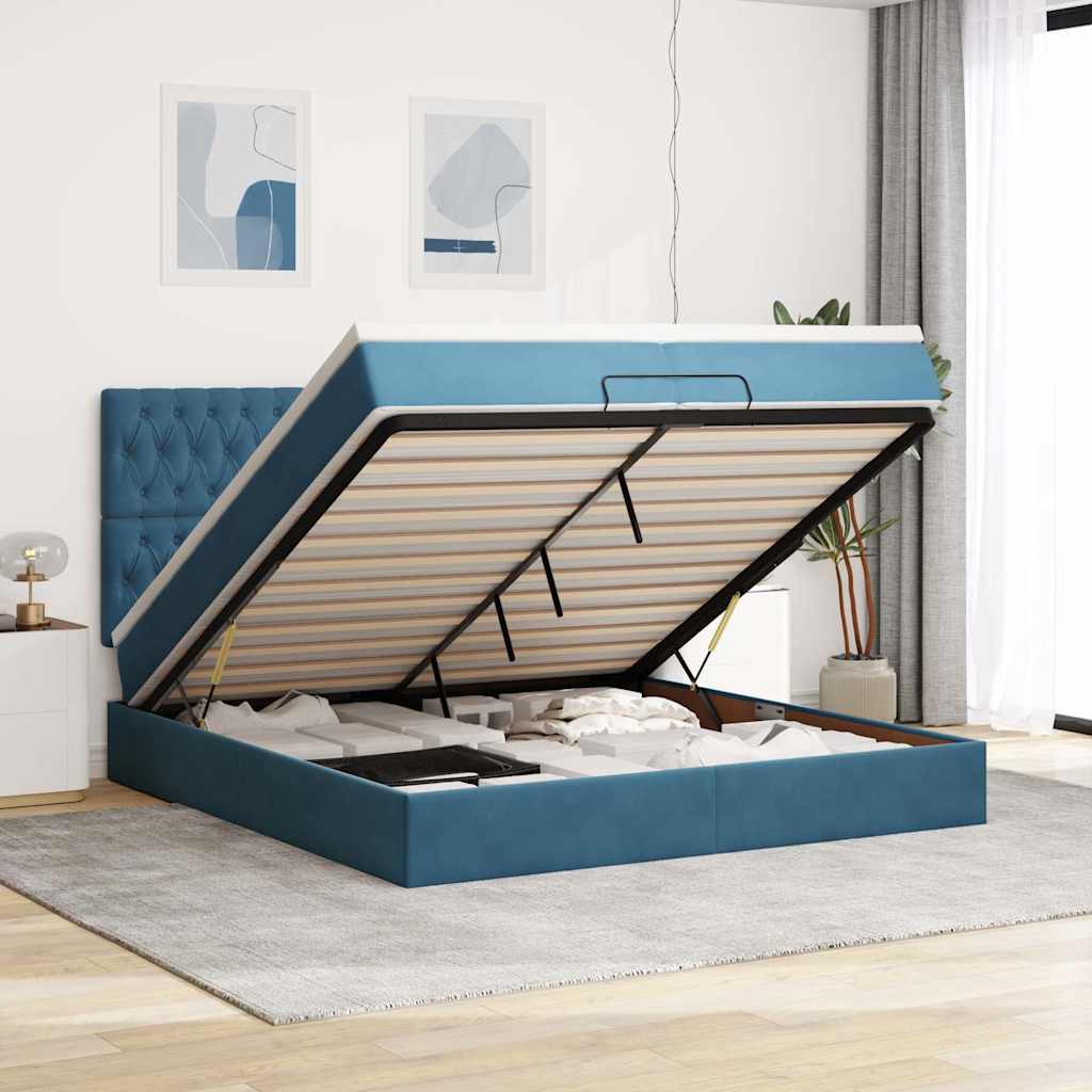 Cadre de lit ottoman avec matelas bleu foncé 200x200 cm velours - XIOS