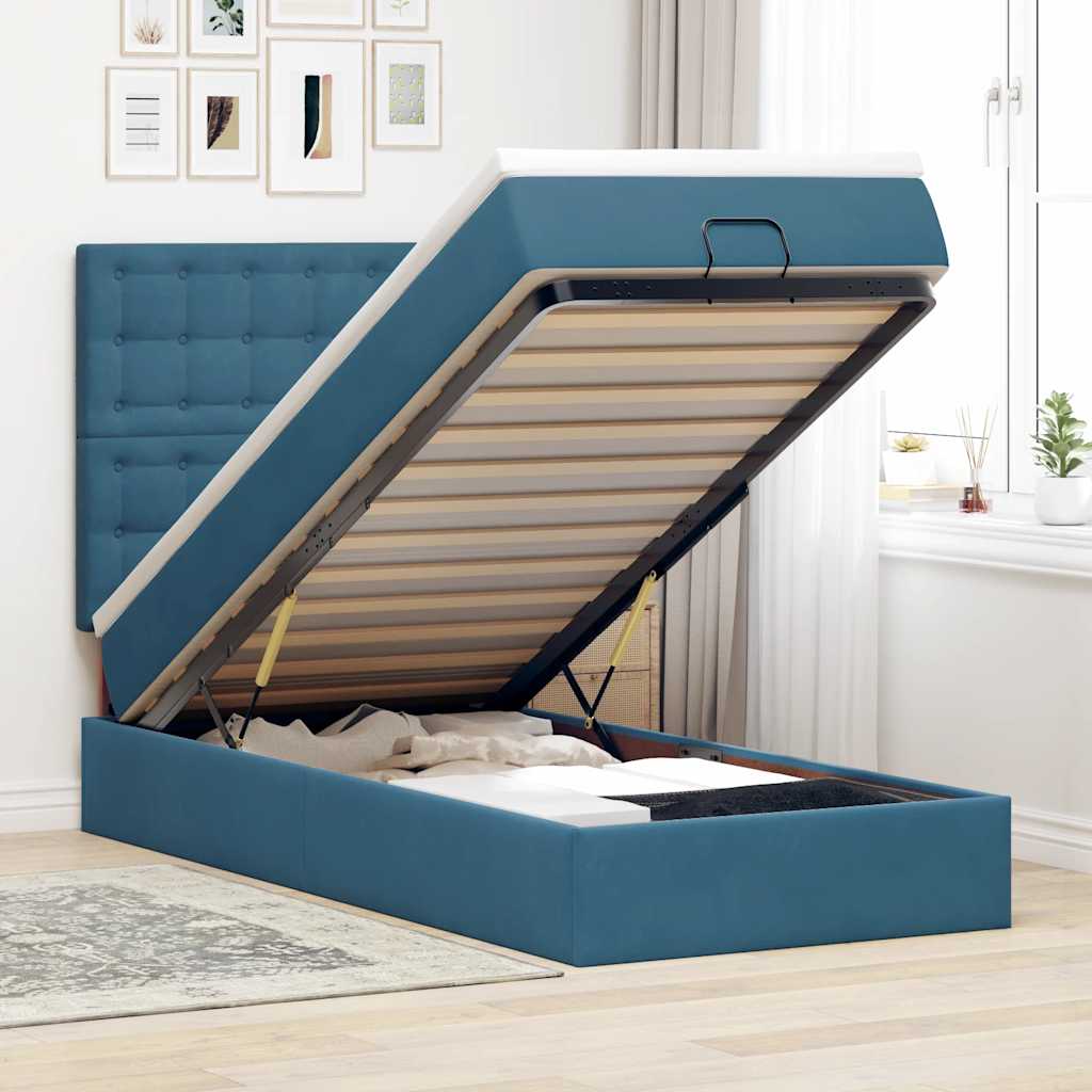 Cadre de lit ottoman avec matelas bleu foncé 90x190 cm velours - XIOS